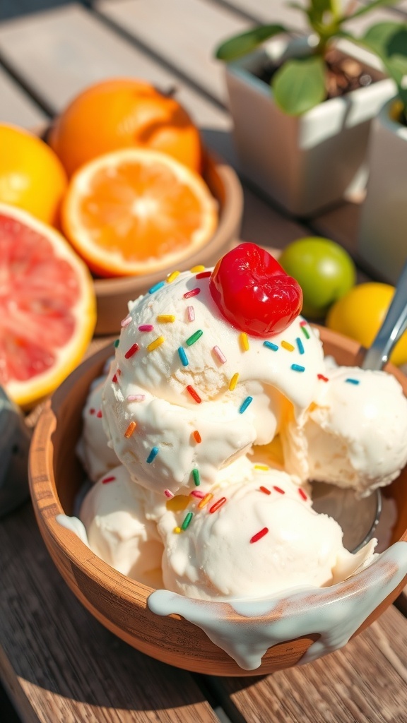 A bowl of vanilla ice cream with sprinkles and a cherry on top, served outdoors.